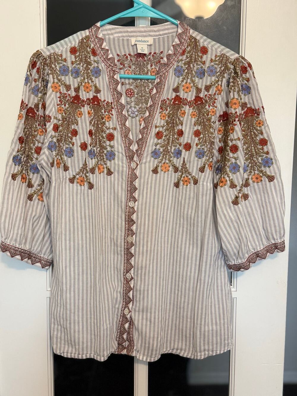 Sundance Embroidered Floral Striped Blouse Size M Boho Puff Sleeve